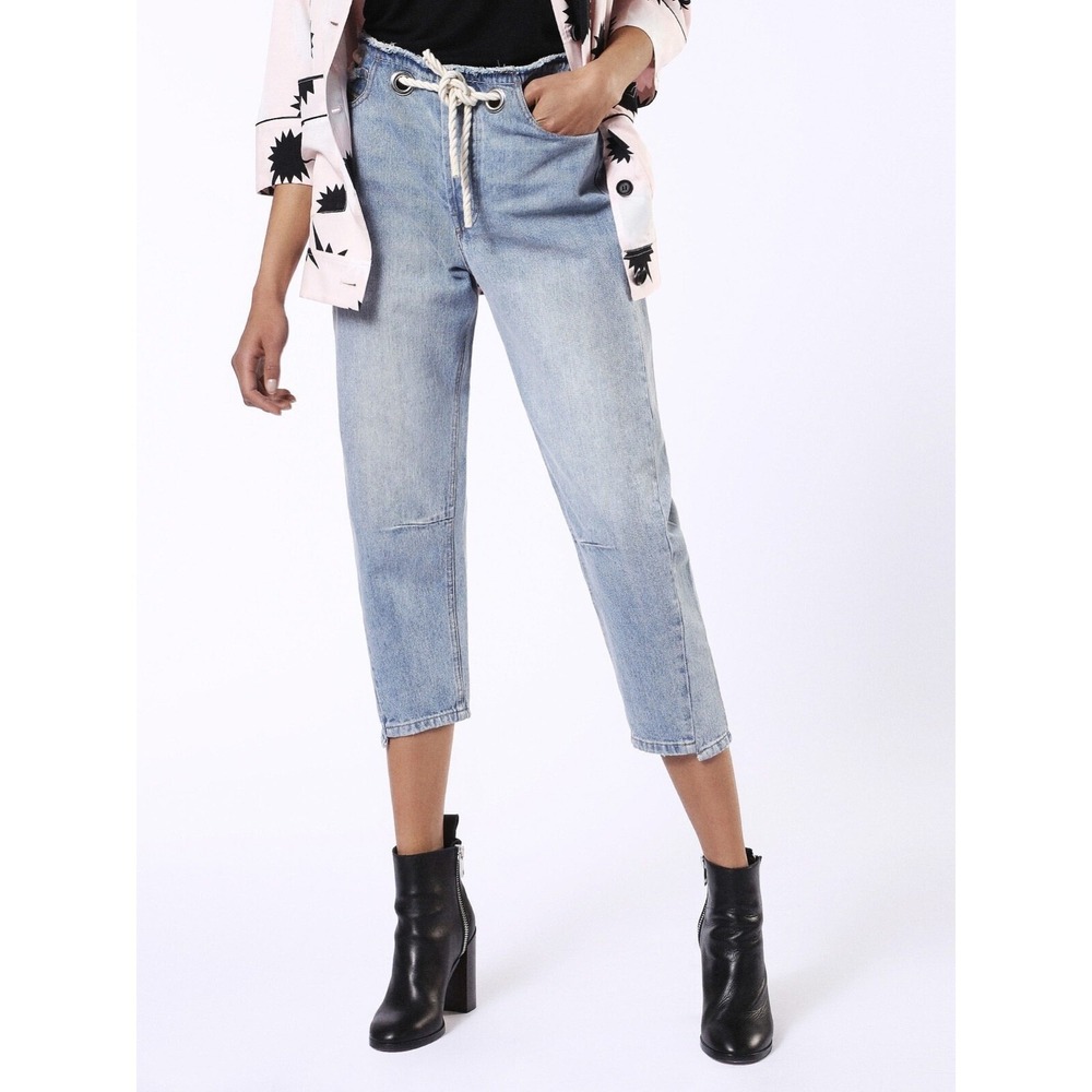 Diesel Jeans 27 Light Blue Rope Drawstring Tapered Cropped Frayed Denim Pants
